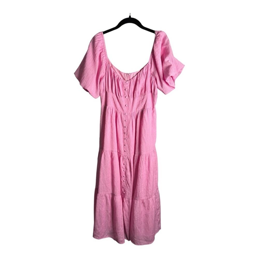 All in Favor Pink Maxi Tiered Dress Decorative Buttoned Front Large